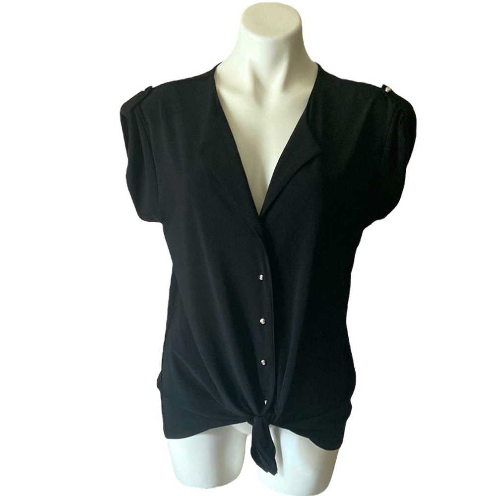 Kim Roger’s Women’s Black Button Down Tie Blouse Size Medium Neutral lightweight